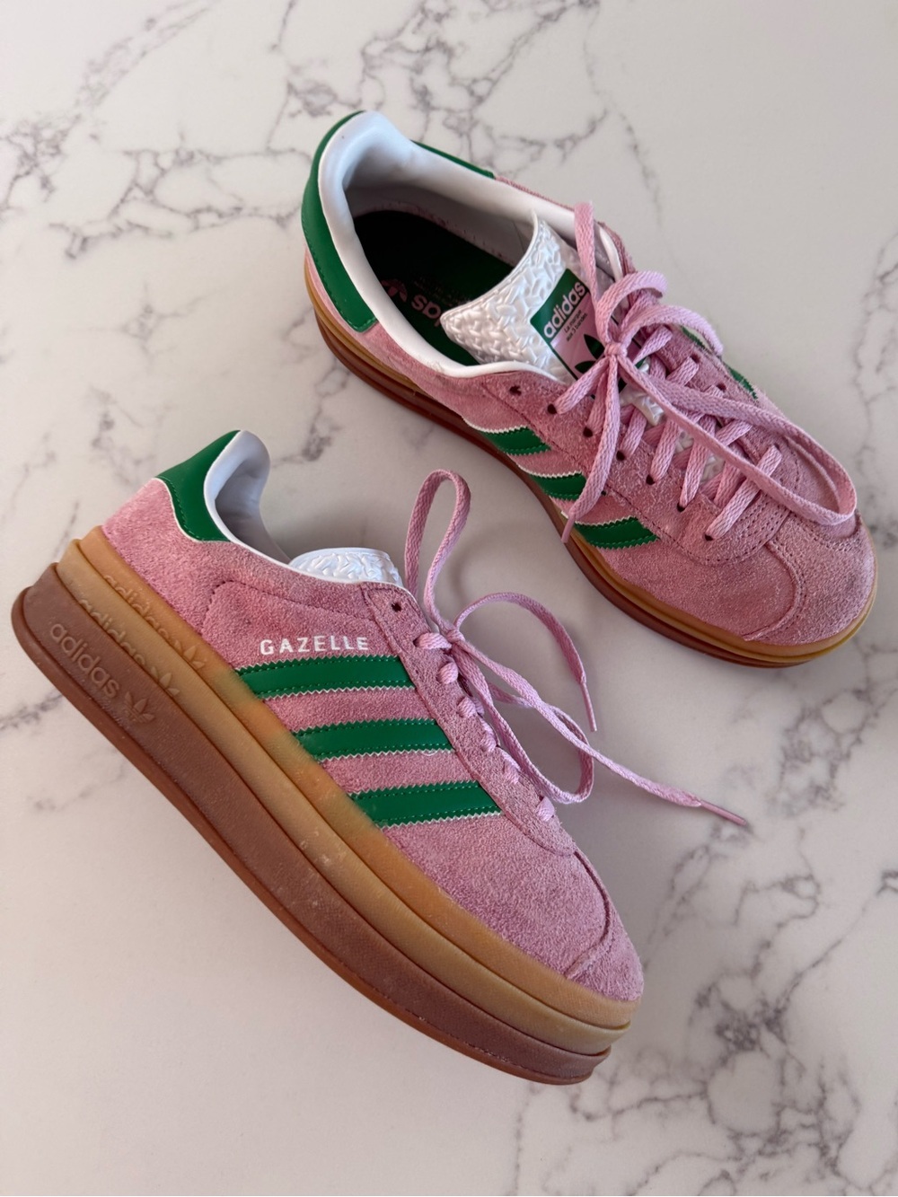 Adidas Gazelle Bold Platform Sneakers - True Pink / Green / Cloud White - Size 7